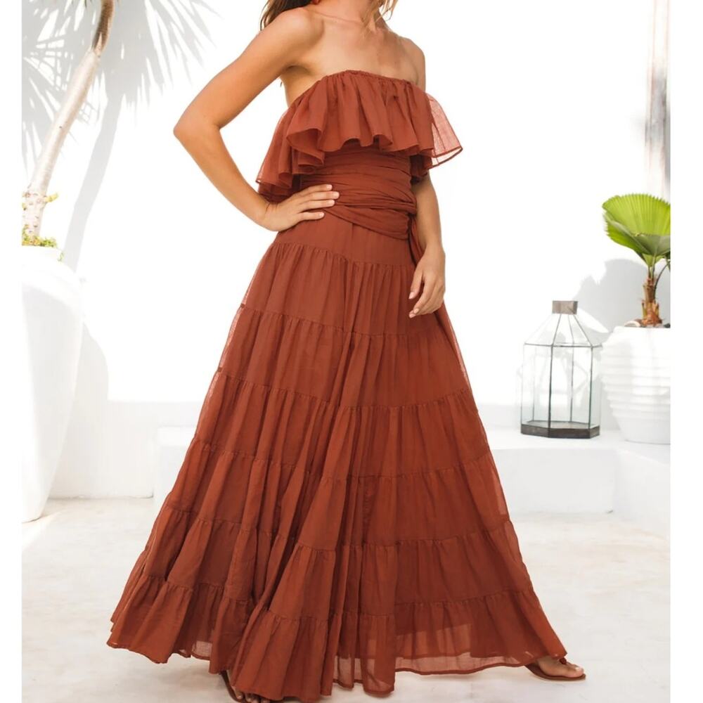 ERIKA PENA Rita Bohemian Maxi tiered ruffle off shoulder dress Sienna M / L NEW - Picture 7 of 7